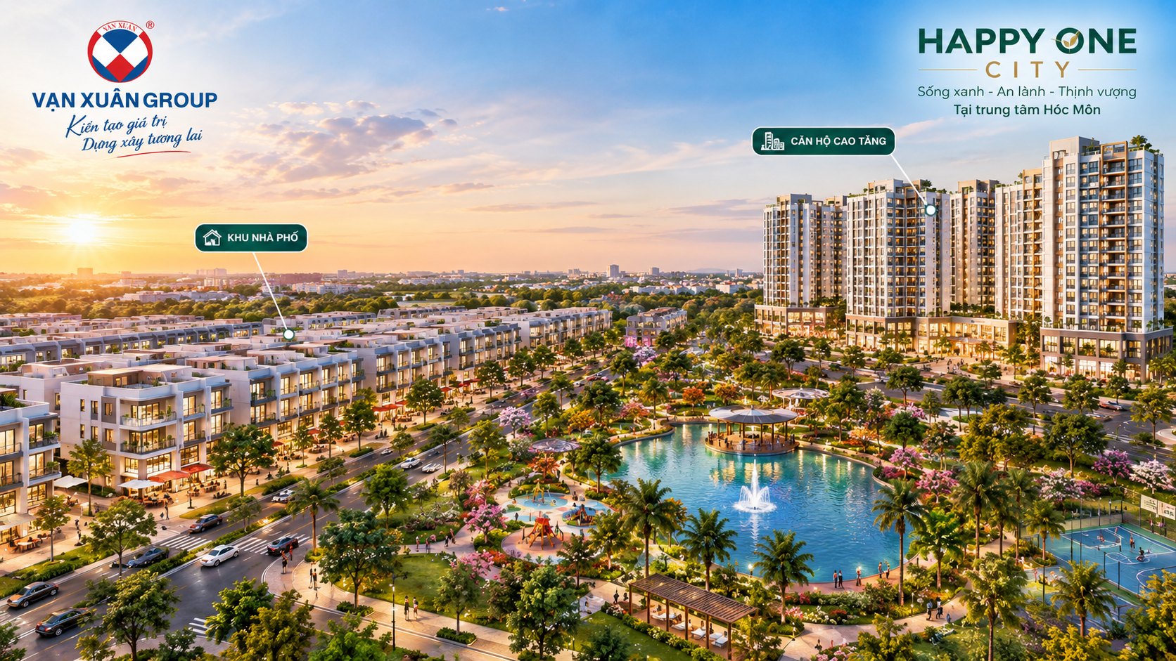 Phối cảnh tổng quan Happy One City – khu nhà phố liền kề, căn hộ cao tầng, hồ cảnh quan và sân thể thao