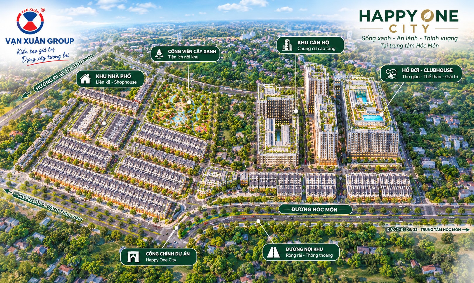 Phối cảnh tổng thể Happy One City: khu nhà phố liền kề – shophouse, khu căn hộ chung cư cao tầng, công viên cây xanh, hồ bơi – clubhouse