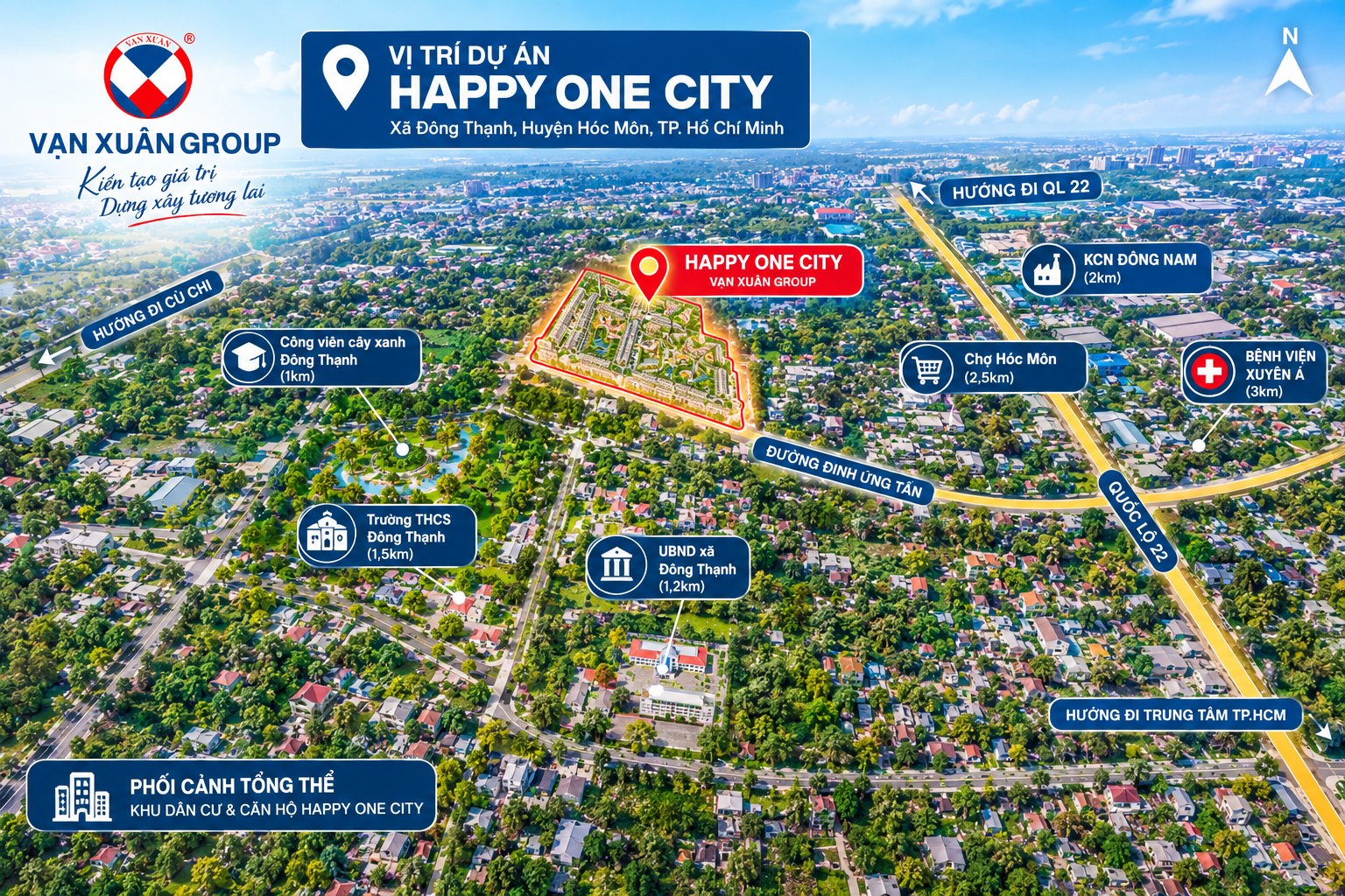 Bản đồ vị trí Happy One City tại xã Đông Thạnh, Hóc Môn: gần Quốc lộ 22, KCN Đông Nam, chợ Hóc Môn, bệnh viện Xuyên Á