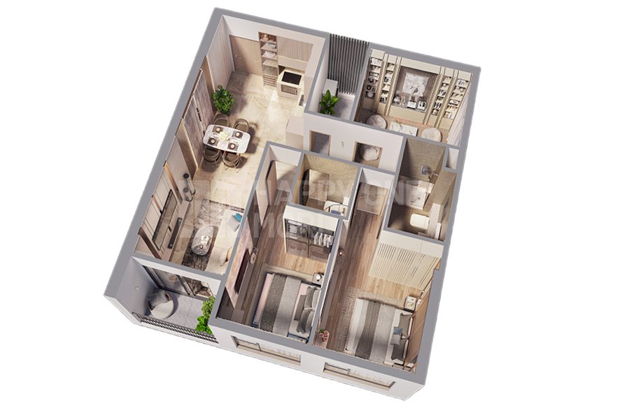 Top view căn hộ điển hình CH-B-01 – 3 phòng ngủ 2 WC, Happy One Mori