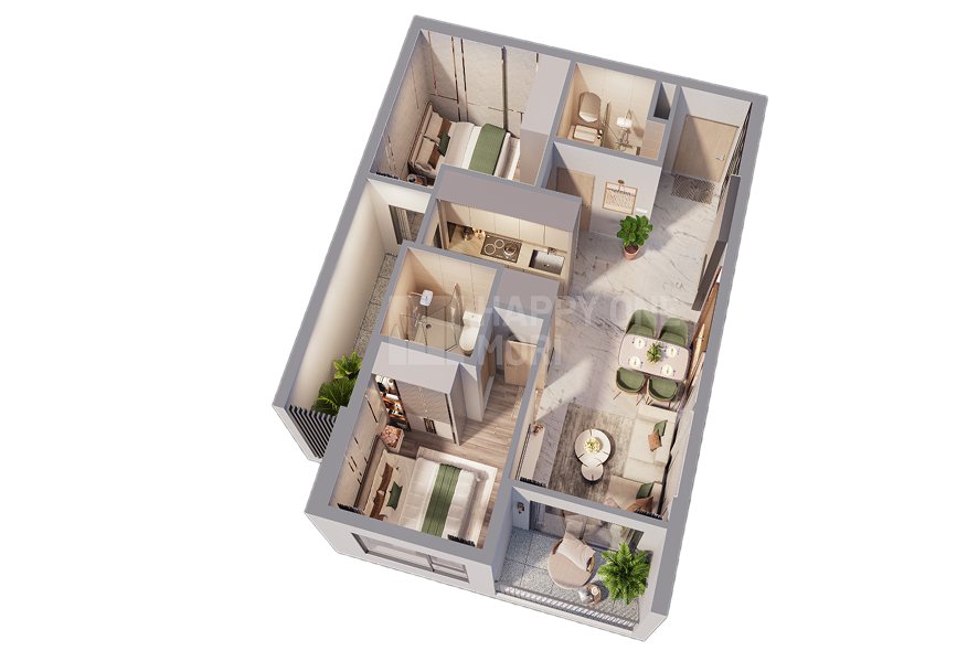 Top view căn hộ điển hình CH-B-20 – 2 phòng ngủ 2 WC, Happy One Mori